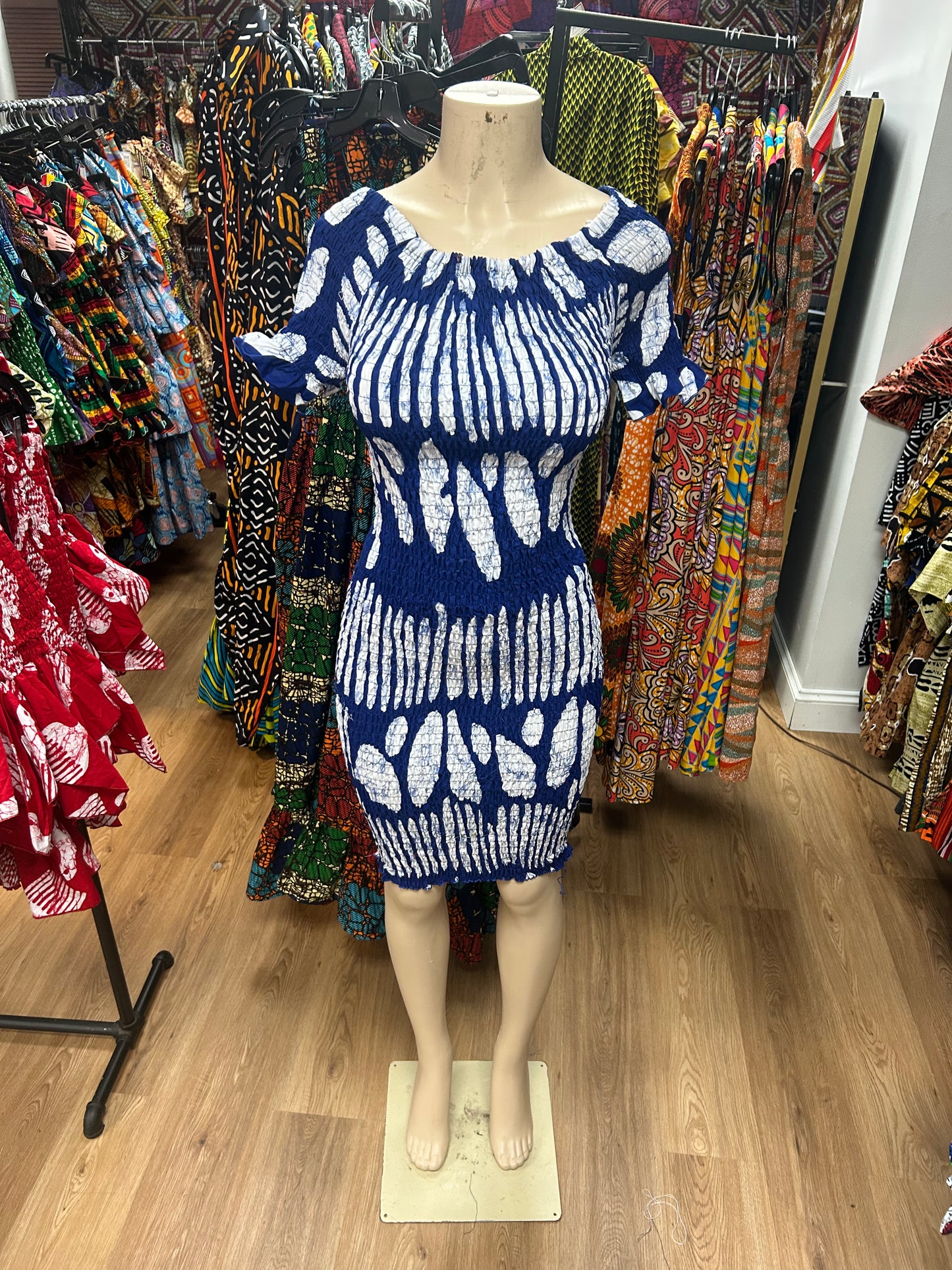 Elastic Short Sleeve Mermaid Dress blue white