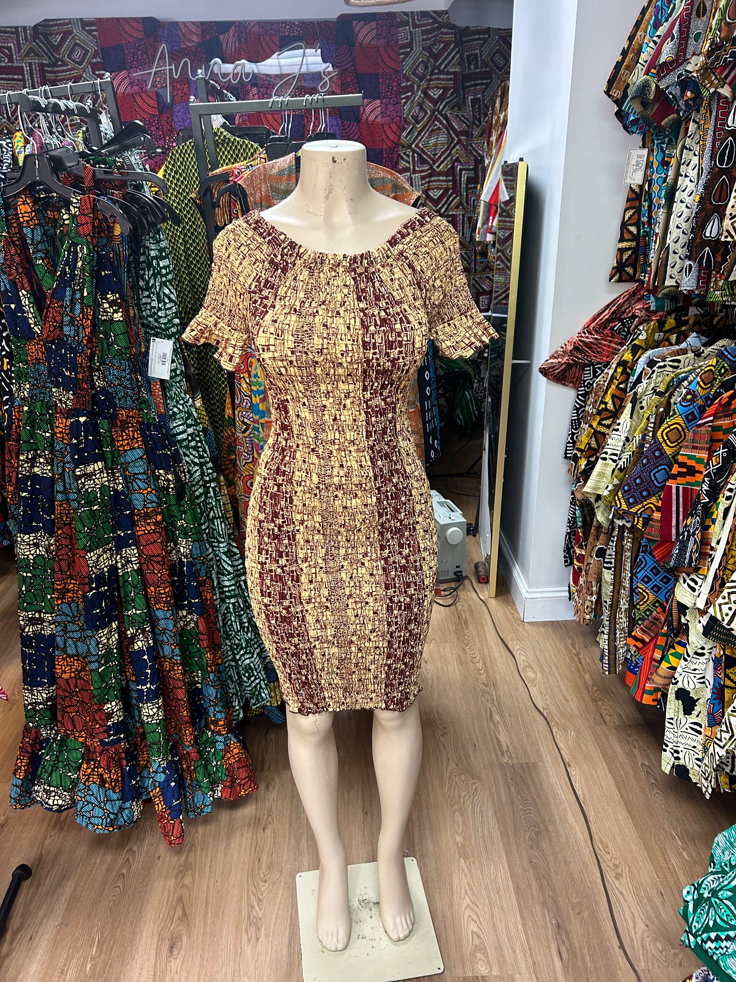 Elastic Sleeve Dress tan brown