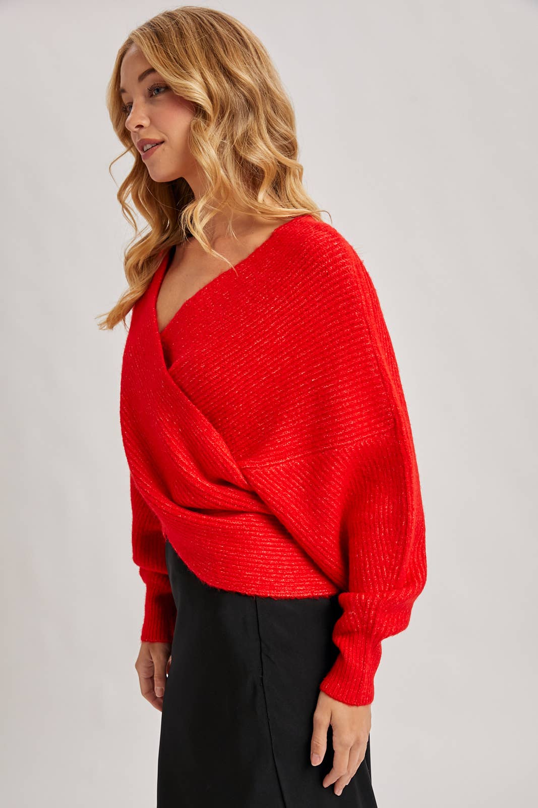 WRAP CROSSOVER RIBBED FUZZY KNIT SWEATER PULLOVER: ASH / S/M