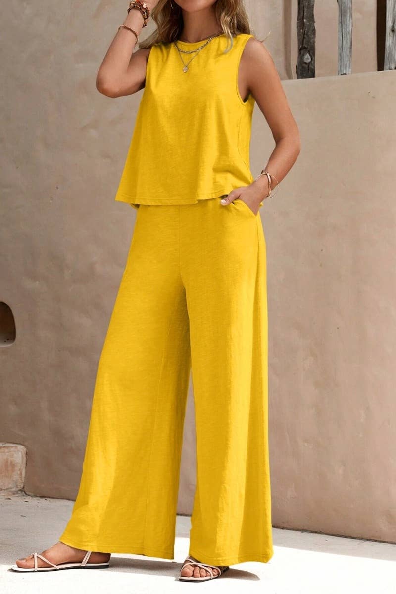 SUMMER CREW NECK SLEEVELESS TOP PANTS SUIT