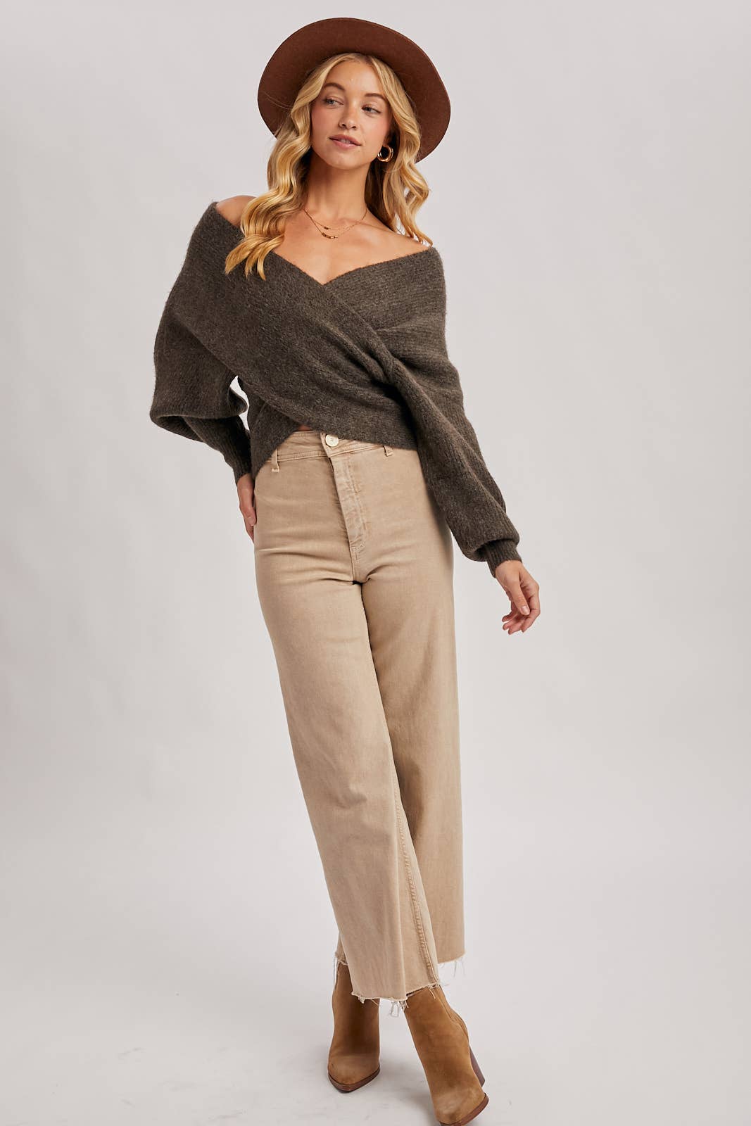 WRAP CROSSOVER RIBBED FUZZY KNIT SWEATER PULLOVER: ASH / S/M